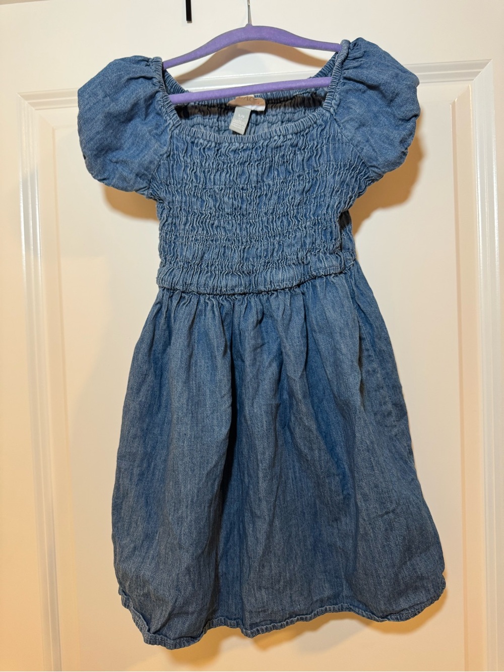 Girls Blue Denim Puff-Sleeve Smocked Dress size 5/6